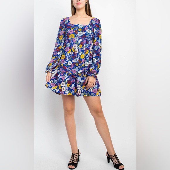 BCBG Generation Square Neck Floral Casual Dress blue size 12. - Picture 2 of 16